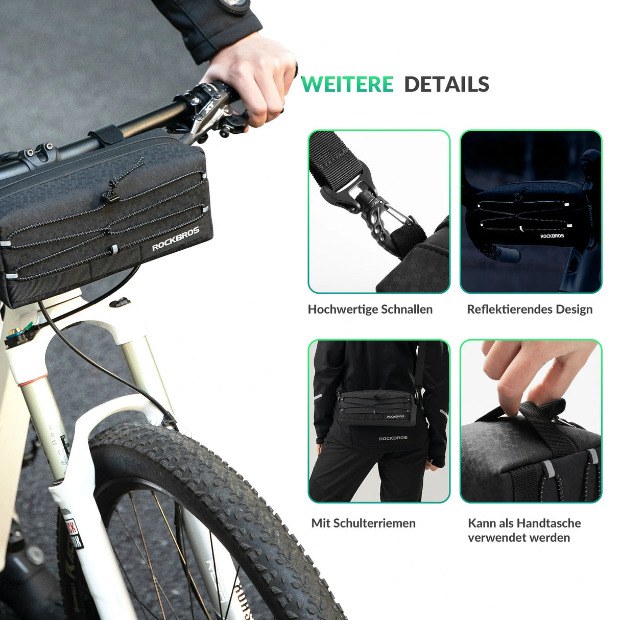 Lenkertasche Fahrrad – Große Kapazität 2 L mit abnehmbarem Schultergurt