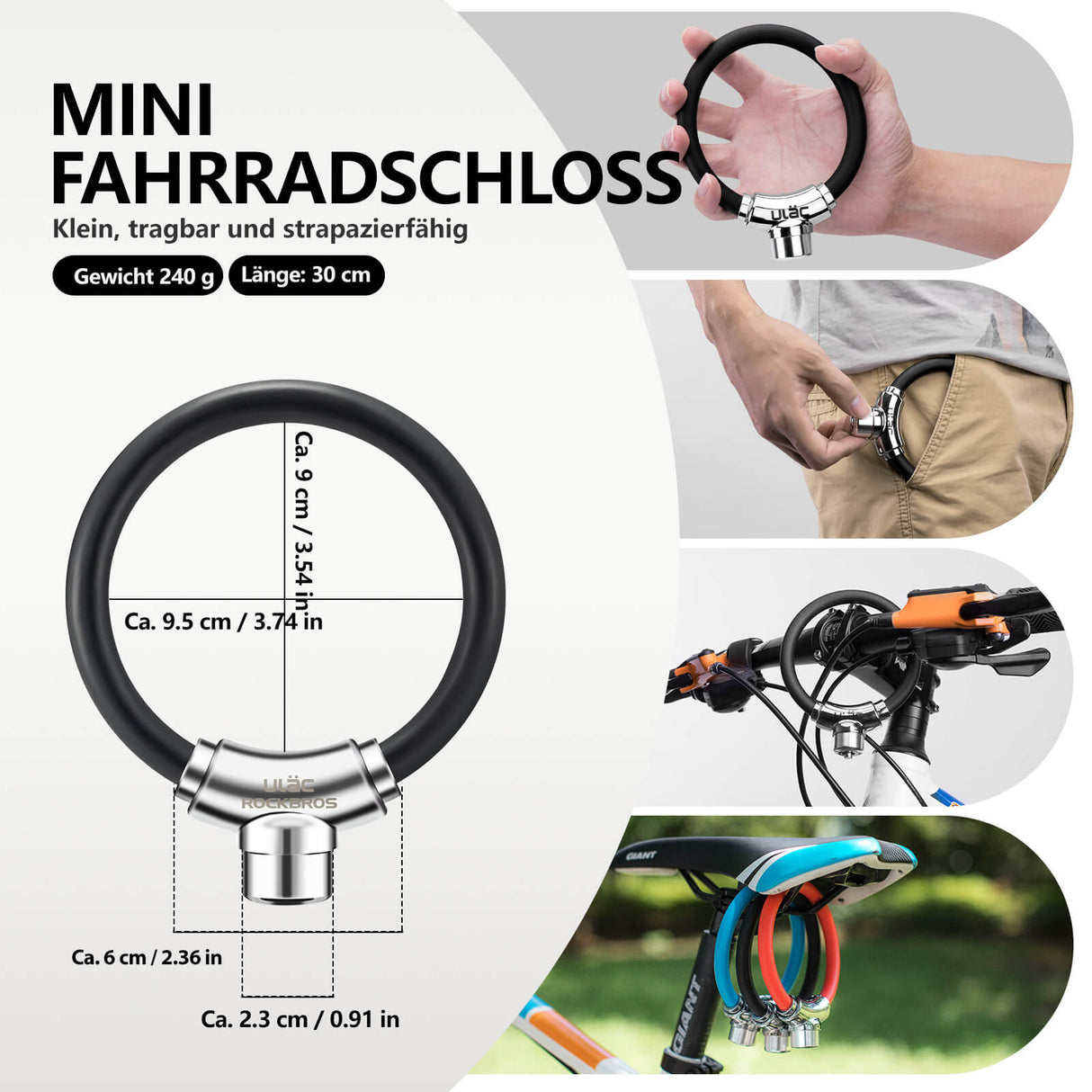 ROCKBROS Fahrradschloss Kabelschloss mit Klettverschlüssen ohne Schlüssel