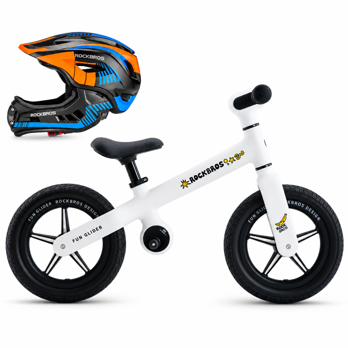 Kinder-Bundle: blau-oranger ROCKBROS Kinderhelm und weißes FGD 12-Zoll-Laufrad