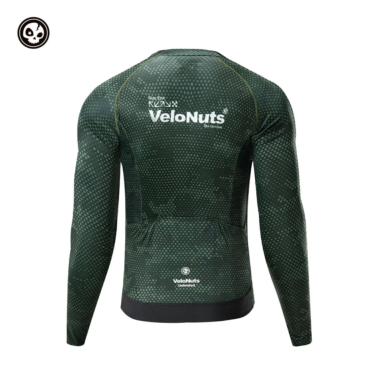 Grünes Langarm-Sportshirt mit 'VeloNuts'-Branding auf weißem Hintergrund