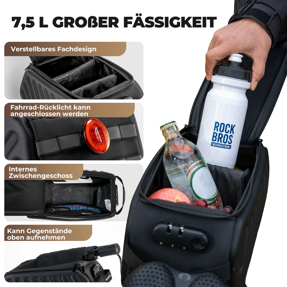 Fahrrad‑Gepäckträgertasche 7,5 L – Mit doppelt gesichertem Zahlenschloss
