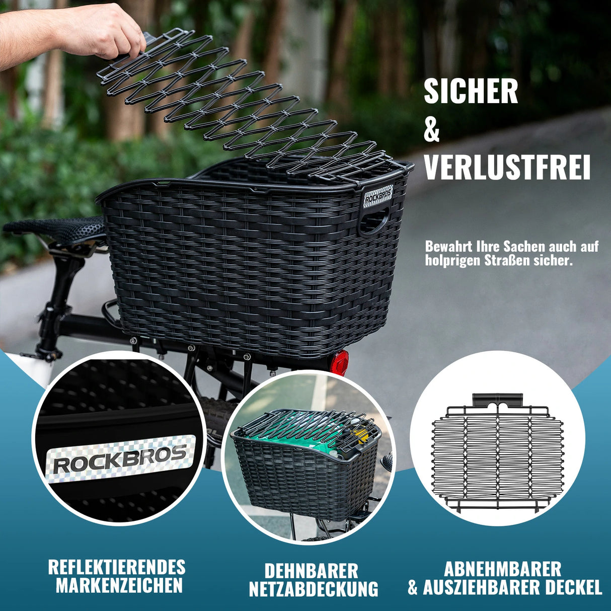ROCKBROS Fahrradkorb Hinten – Für Gepäckträger, mit ausziehbarem Deckel