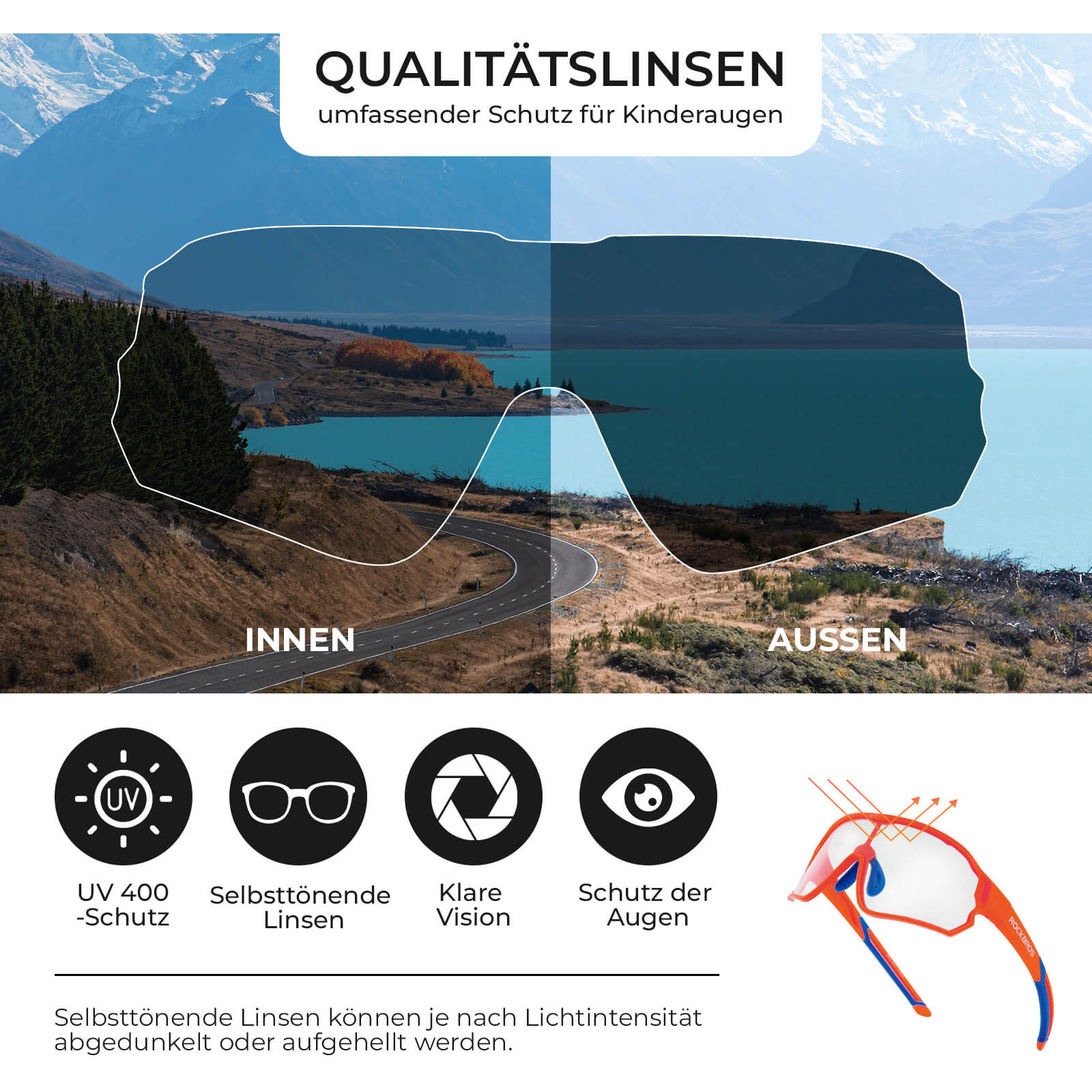 ROCKBROS Kinder Fahrradbrille UV400-Schutz Selbsttönend Sonnenbrille - ROCKBROS-EU