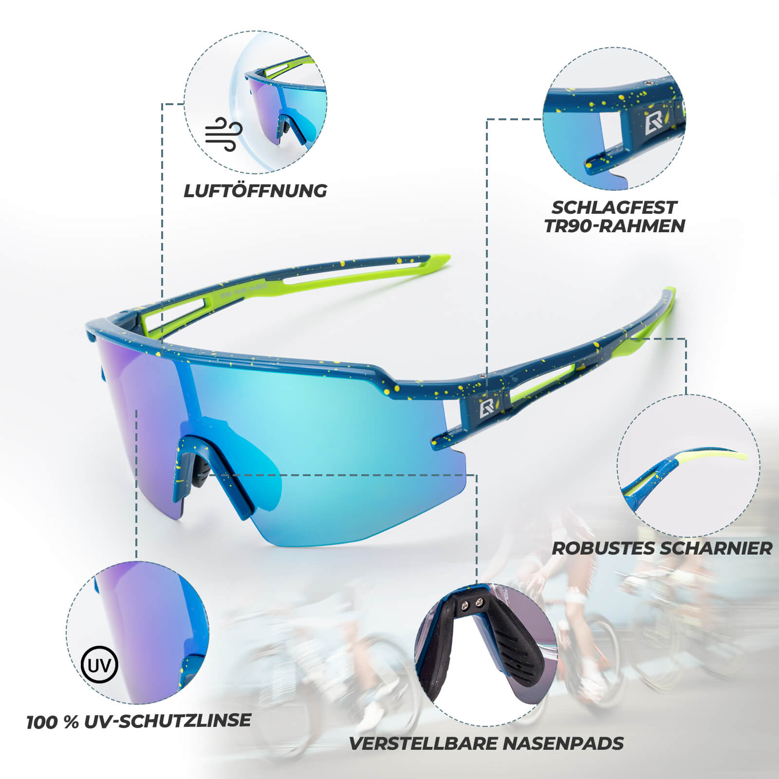 ROCKBROS Fahrradbrille Polarisiert Sportbrille winddichte Sonnenbrille UV 400-Blau-Rahmen grün
