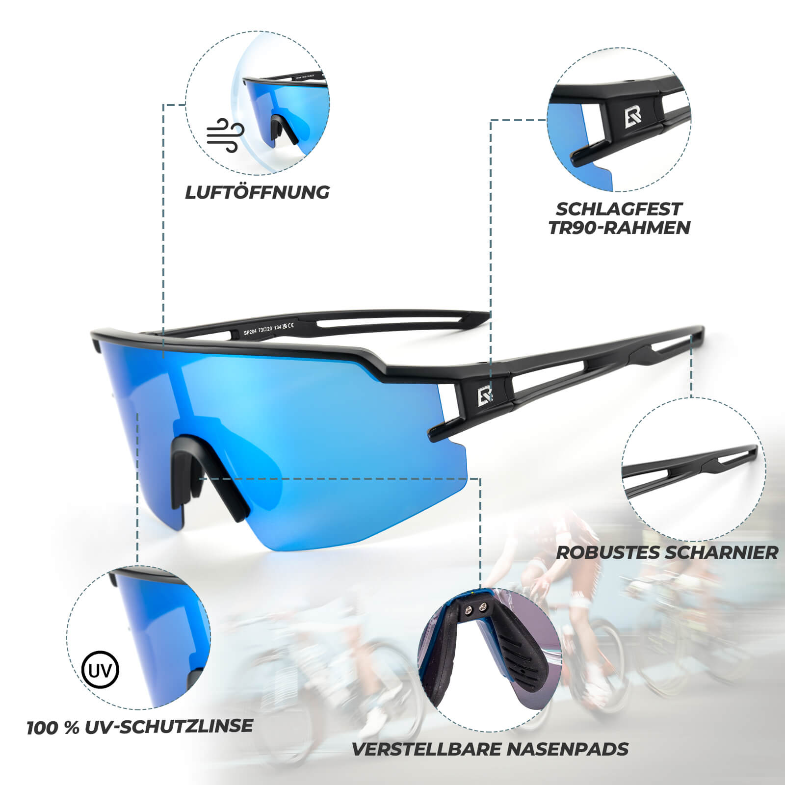 ROCKBROS Fahrradbrille Polarisiert Sportbrille winddichte Sonnenbrille UV 400-Blau-Rahmen schwarz