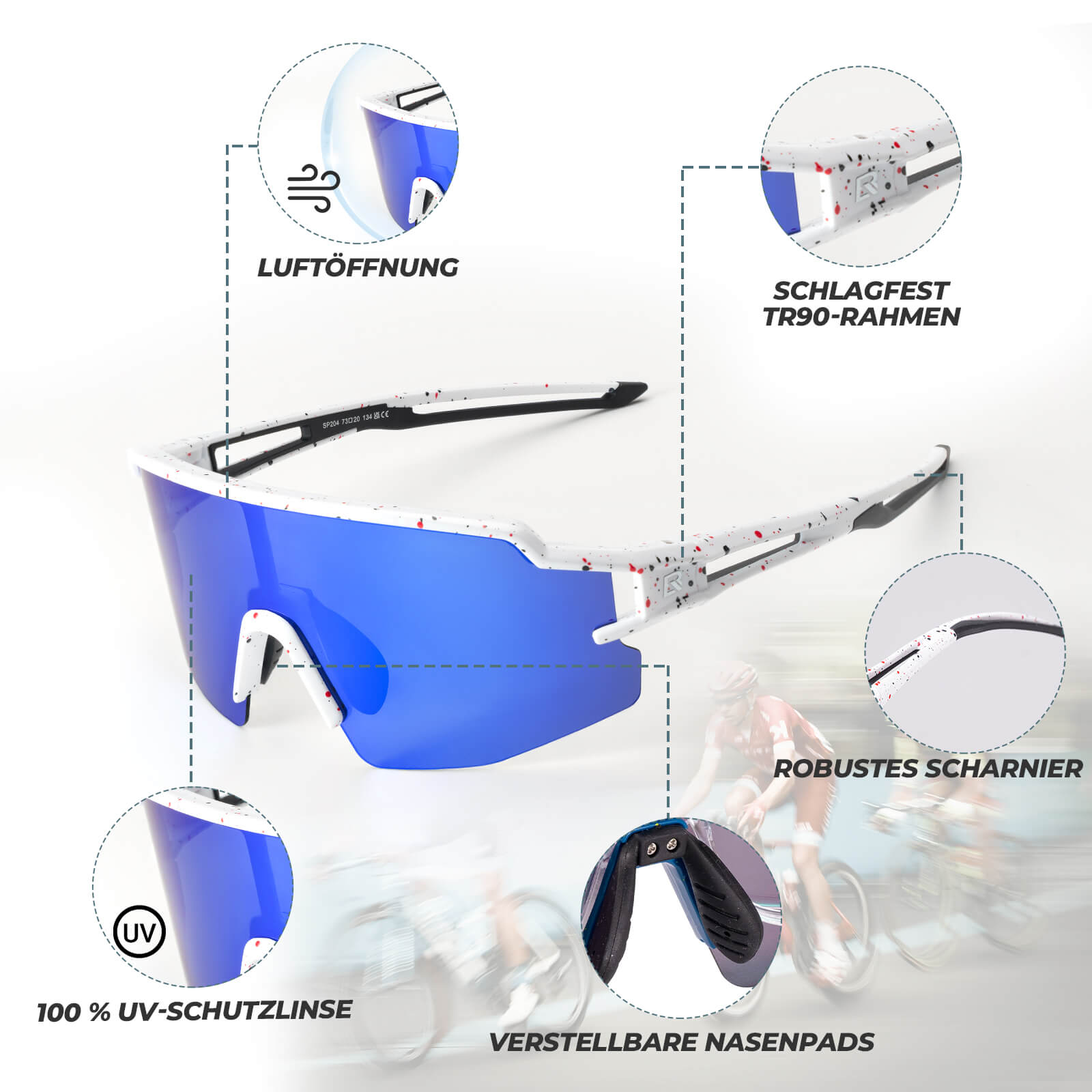 ROCKBROS Fahrradbrille Polarisiert Sportbrille winddichte Sonnenbrille UV 400-Blau-Rahmen weiß