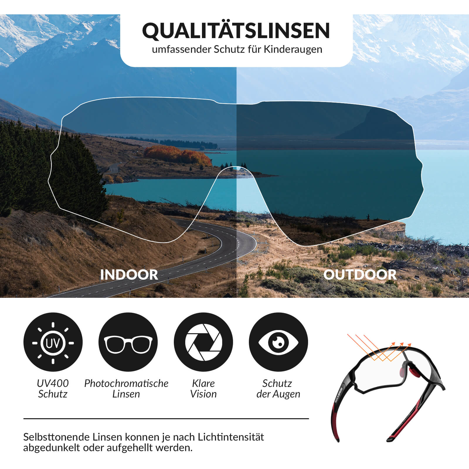 ROCKBROS Kinder Fahrradbrille UV400-Schutz Selbsttönend Sonnenbrille-Schwarz-Rot