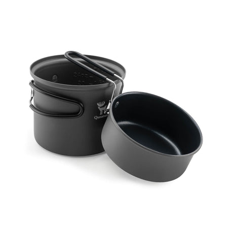 schwarzes camping kochtopf set mit topf und pfanne